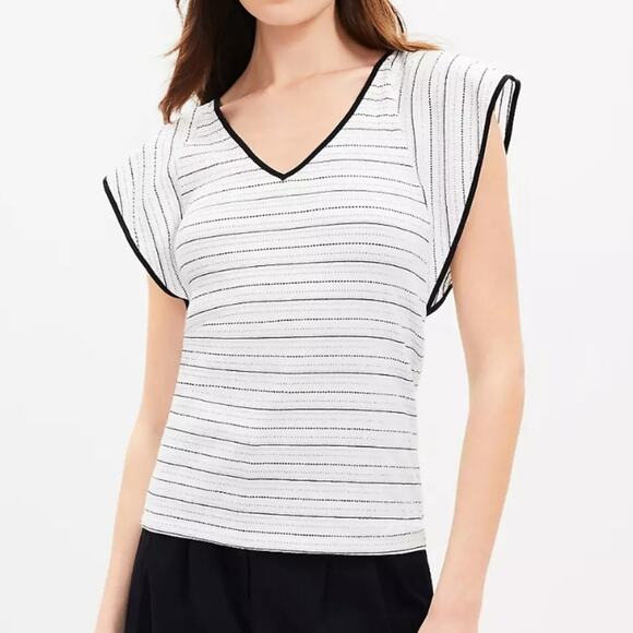 LOFT Tops - NWT LOFT XL White Black Striped V-Neck Flutter Sleeve Top Cotton Blend Women’s